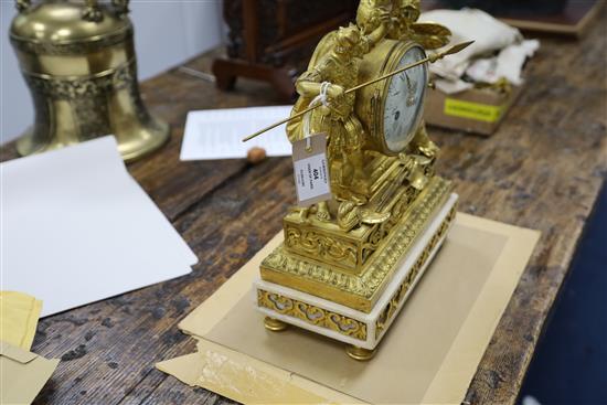 Viger of Paris. A Louis XVI ormolu and white marble mantel clock, height 14in.